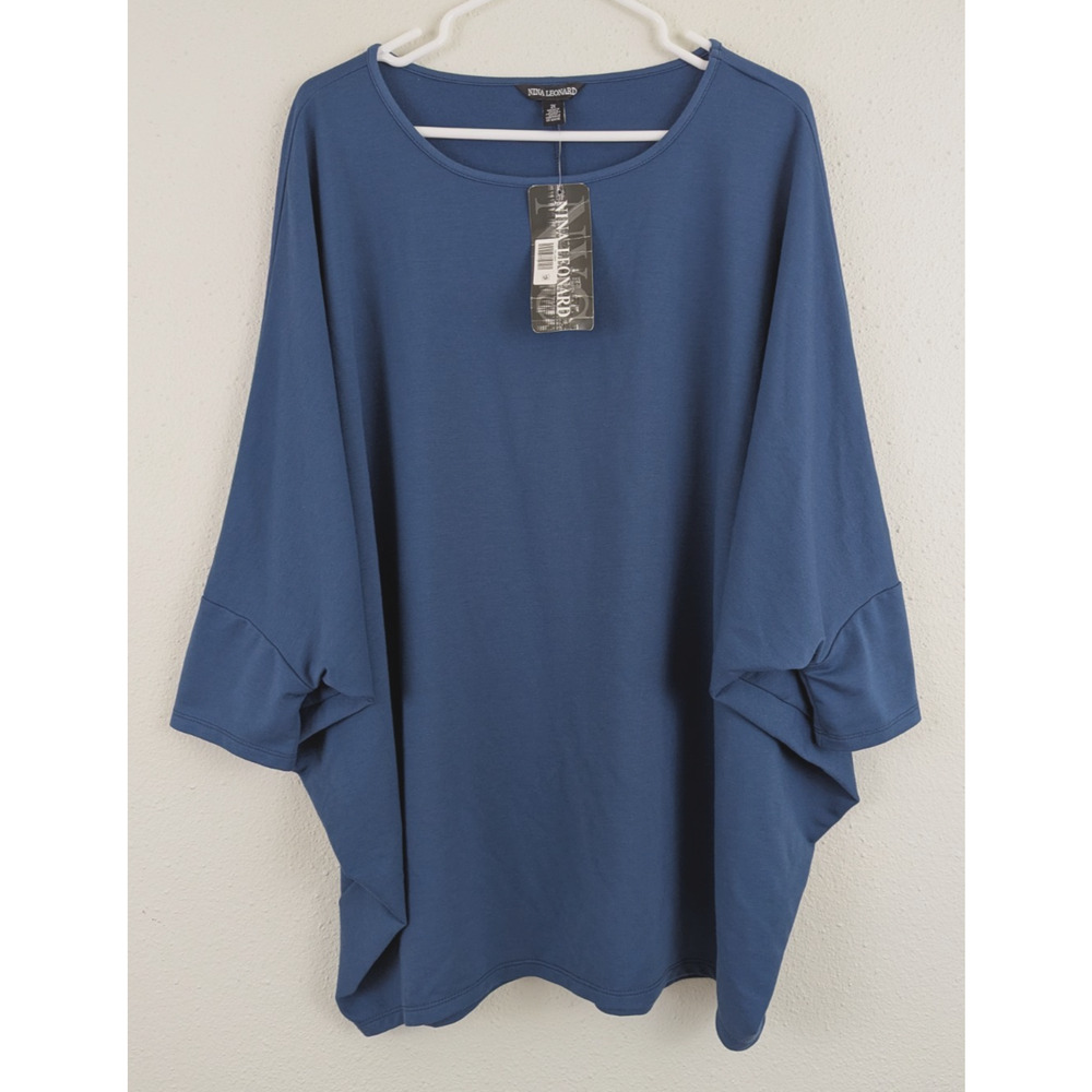 Nina Leonard sz 2X Tunic Top knit dolman sleeves blue stretchy 4665
